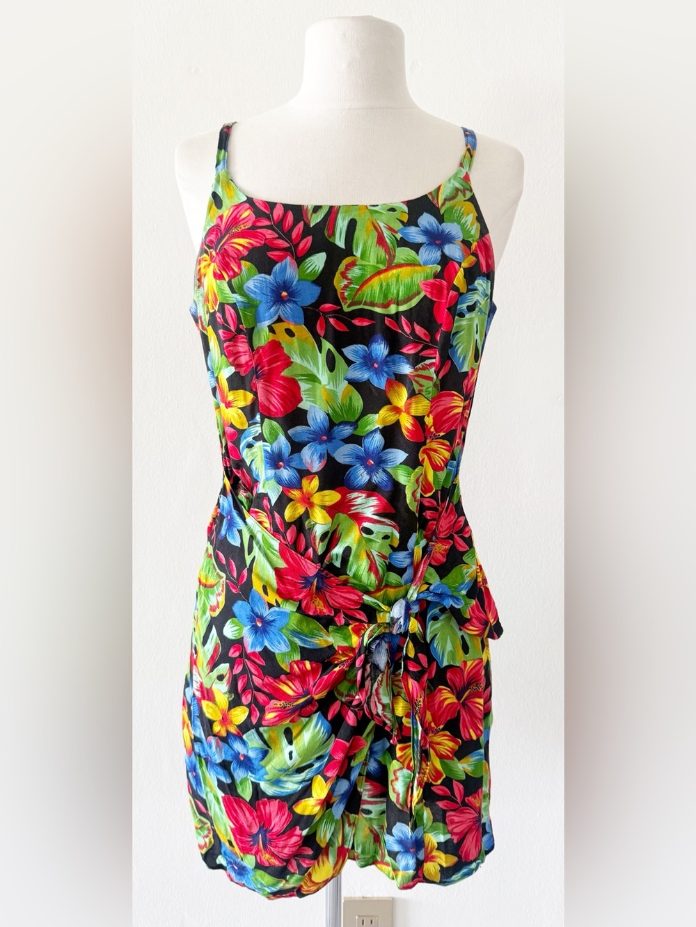 Vintage 80s 90s In Sync USA Tropical Floral Summer Mini Dress